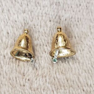 Gold tone bell earnings with rhinestone, pierced